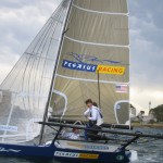 Pegasus Racing, Shark Kahn, Cameron MacDonald, and Geoff Moore sailing an 18 Foot Skiff during the World Championships in Sydney Australia 2005.