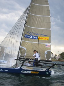 Pegasus Racing, Shark Kahn, Cameron MacDonald, and Geoff Moore sailing an 18 Foot Skiff during the World Championships in Sydney Australia 2005.