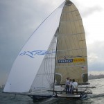 Pegasus Racing, Shark Kahn, Cameron MacDonald, and Geoff Moore sailing an 18 Foot Skiff during the World Championships in Sydney Australia 2005.