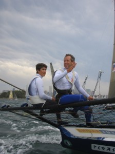 Pegasus Racing, Shark Kahn, Cameron MacDonald, and Geoff Moore sailing an 18 Foot Skiff during the World Championships in Sydney Australia 2005.