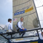 Pegasus Racing, Shark Kahn, Cameron MacDonald, and Geoff Moore sailing an 18 Foot Skiff during the World Championships in Sydney Australia 2005.