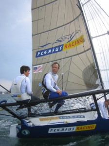 Pegasus Racing, Shark Kahn, Cameron MacDonald, and Geoff Moore sailing an 18 Foot Skiff during the World Championships in Sydney Australia 2005.