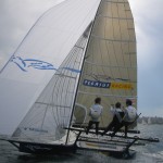 Pegasus Racing, Shark Kahn, Cameron MacDonald, and Geoff Moore sailing an 18 Foot Skiff during the World Championships in Sydney Australia 2005.