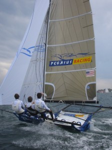 Pegasus Racing, Shark Kahn, Cameron MacDonald, and Geoff Moore sailing an 18 Foot Skiff during the World Championships in Sydney Australia 2005.