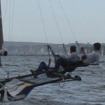 Pegasus Racing, Shark Kahn, Cameron MacDonald, and Geoff Moore sailing an 18 Foot Skiff during the World Championships in Sydney Australia 2005.