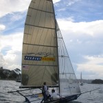 Pegasus Racing, Shark Kahn, Cameron MacDonald, and Geoff Moore sailing an 18 Foot Skiff during the World Championships in Sydney Australia 2005.