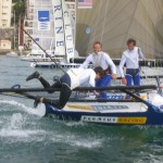 Pegasus Racing, Shark Kahn, Cameron MacDonald, and Geoff Moore sailing an 18 Foot Skiff during the World Championships in Sydney Australia 2005.