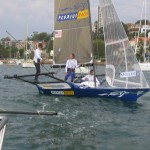 Pegasus Racing, Shark Kahn, Cameron MacDonald, and Geoff Moore sailing an 18 Foot Skiff during the World Championships in Sydney Australia 2005.