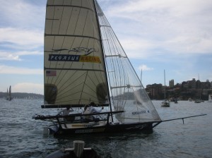 Pegasus Racing, Shark Kahn, Cameron MacDonald, and Geoff Moore sailing an 18 Foot Skiff during the World Championships in Sydney Australia 2005.