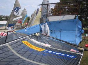 Pegasus Racing, Shark Kahn, Cameron MacDonald, and Geoff Moore sailing an 18 Foot Skiff during the World Championships in Sydney Australia 2005.