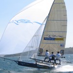 Pegasus Racing, Shark Kahn, Cameron MacDonald, and Geoff Moore sailing an 18 Foot Skiff during the World Championships in Sydney Australia 2005.