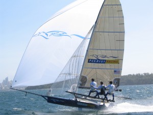 Pegasus Racing, Shark Kahn, Cameron MacDonald, and Geoff Moore sailing an 18 Foot Skiff during the World Championships in Sydney Australia 2005.