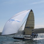 Pegasus Racing, Shark Kahn, Cameron MacDonald, and Geoff Moore sailing an 18 Foot Skiff during the World Championships in Sydney Australia 2005.