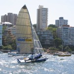 Pegasus Racing, Shark Kahn, Cameron MacDonald, and Geoff Moore sailing an 18 Foot Skiff during the World Championships in Sydney Australia 2005.