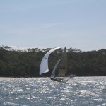 Pegasus Racing, Shark Kahn, Cameron MacDonald, and Geoff Moore sailing an 18 Foot Skiff during the World Championships in Sydney Australia 2005.