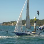 Pegasus Racing, Shark Kahn, Cameron MacDonald, and Geoff Moore sailing an 18 Foot Skiff during the World Championships in Sydney Australia 2005.