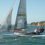 Pegasus Racing, Howie Hamlin, Mike Martin, and Paul Allen sailing an 18 Foot Skiff during the World Championships Sydney Australia 2005.