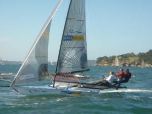 Pegasus Racing, Howie Hamlin, Mike Martin, and Paul Allen sailing an 18 Foot Skiff during the World Championships Sydney Australia 2005.