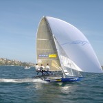 Pegasus Racing, Shark Kahn, Cameron MacDonald, and Geoff Moore sailing an 18 Foot Skiff during the World Championships in Sydney Australia 2005.