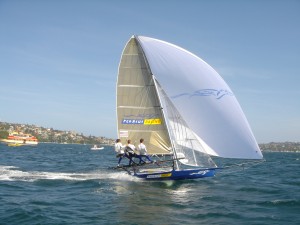 Pegasus Racing, Shark Kahn, Cameron MacDonald, and Geoff Moore sailing an 18 Foot Skiff during the World Championships in Sydney Australia 2005.