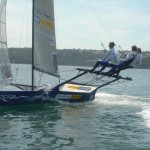 Pegasus Racing, Shark Kahn, Cameron MacDonald, and Geoff Moore sailing an 18 Foot Skiff during the World Championships in Sydney Australia 2005.