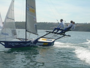 Pegasus Racing, Shark Kahn, Cameron MacDonald, and Geoff Moore sailing an 18 Foot Skiff during the World Championships in Sydney Australia 2005.