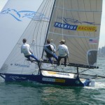 Pegasus Racing, Shark Kahn, Cameron MacDonald, and Geoff Moore sailing an 18 Foot Skiff during the World Championships in Sydney Australia 2005.