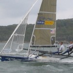 Pegasus Racing, Shark Kahn, Cameron MacDonald, and Geoff Moore sailing an 18 Foot Skiff during the World Championships in Sydney Australia 2005.