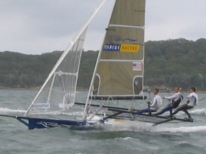 Pegasus Racing, Shark Kahn, Cameron MacDonald, and Geoff Moore sailing an 18 Foot Skiff during the World Championships in Sydney Australia 2005.