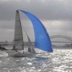 Pegasus Racing, Shark Kahn, Cameron MacDonald, and Geoff Moore sailing an 18 Foot Skiff during the World Championships in Sydney Australia 2005.