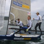 Shark and Cameron take US skiing Olympian and Crossfit guru Eva Twardokens for a fun ride after finishing the 18 ft Worlds, youngest skipper ever at 15.