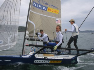 Shark and Cameron take US skiing Olympian and Crossfit guru Eva Twardokens for a fun ride after finishing the 18 ft Worlds, youngest skipper ever at 15.