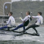 Pegasus Racing, Shark Kahn, Cameron MacDonald, and Geoff Moore sailing an 18 Foot Skiff during the World Championships in Sydney Australia 2005.