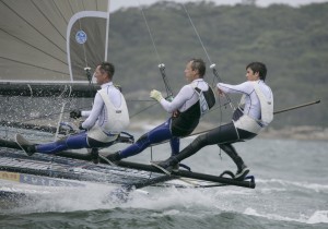 Pegasus Racing, Shark Kahn, Cameron MacDonald, and Geoff Moore sailing an 18 Foot Skiff during the World Championships in Sydney Australia 2005.