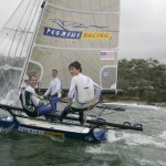 Pegasus Racing, Shark Kahn, Cameron MacDonald, and Geoff Moore sailing an 18 Foot Skiff during the World Championships in Sydney Australia 2005.