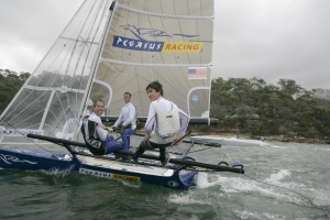 Pegasus Racing, Shark Kahn, Cameron MacDonald, and Geoff Moore sailing an 18 Foot Skiff during the World Championships in Sydney Australia 2005.