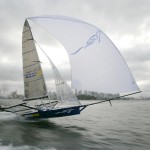 Pegasus Racing, Shark Kahn, Cameron MacDonald, and Geoff Moore sailing an 18 Foot Skiff during the World Championships in Sydney Australia 2005.