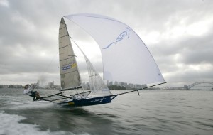 Pegasus Racing, Shark Kahn, Cameron MacDonald, and Geoff Moore sailing an 18 Foot Skiff during the World Championships in Sydney Australia 2005.