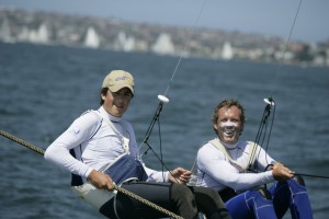 Pegasus Racing, Shark Kahn, Cameron MacDonald, and Geoff Moore sailing an 18 Foot Skiff during the World Championships in Sydney Australia 2005.