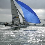 Pegasus Racing, Shark Kahn, Cameron MacDonald, and Geoff Moore sailing an 18 Foot Skiff during the World Championships in Sydney Australia 2005.