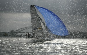 Pegasus Racing, Shark Kahn, Cameron MacDonald, and Geoff Moore sailing an 18 Foot Skiff during the World Championships in Sydney Australia 2005.