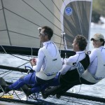 Pegasus Racing, Shark Kahn, Cameron MacDonald, and Geoff Moore sailing an 18 Foot Skiff during the World Championships in Sydney Australia 2005.