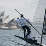 Pegasus Racing, Shark Kahn, Cameron MacDonald, and Geoff Moore sailing an 18 Foot Skiff during the World Championships in Sydney Australia 2005.