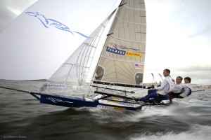 Pegasus Racing, Shark Kahn, Cameron MacDonald, and Geoff Moore sailing an 18 Foot Skiff during the World Championships in Sydney Australia 2005.