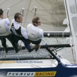 Pegasus Racing, Shark Kahn, Cameron MacDonald, and Geoff Moore sailing an 18 Foot Skiff during the World Championships in Sydney Australia 2005.