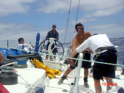 Freddy driving, Shark trimming main, Tony and Doogie grinding the kite.