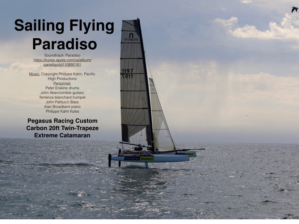 Philippe Kahn Nov 9, 2015, New fantastic drone footage of Pegasus MotionX 20ft carbon foiling cat first sail